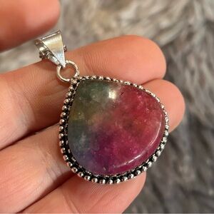 Handcrafted watermelon tourmaline dogtooth 925 sterling pendant necklace